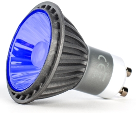This is a 7 W GU10 Reflector/Spotlight bulb that produces a Blue light which can be used in domestic and commercial applications