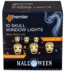 Battery Operated LED Halloween Skull Head Pin Wire Lights (10x Skulls)