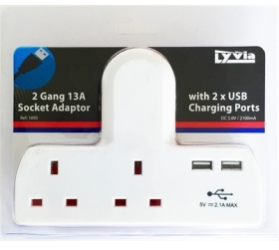 Lyvia T Shaped 2 Way 13A Socket Adaptor with 2 x USB Charging Ports