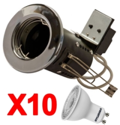Pack Of 10x LED GU10 Fire Rated Downlights Chrome (10 Bulbs - Warm White)