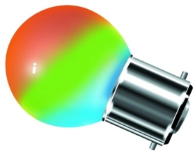 This is a 1 W 22mm Ba22d/BC Golfball bulb that produces a RGB light which can be used in domestic and commercial applications