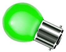 This is a 1W 22mm Ba22d/BC Golfball bulb that produces a Green light which can be used in domestic and commercial applications