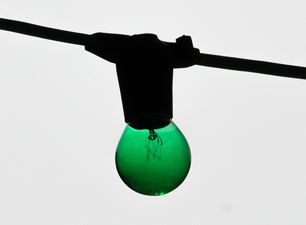 Green coloured light bulb on a festoon string.