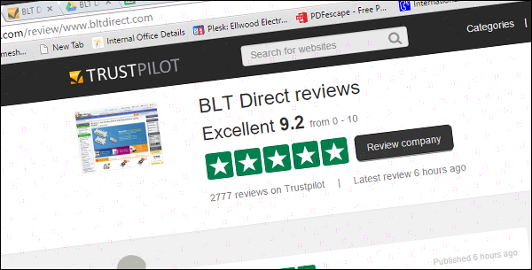 BLT Direct Trust Pilot Rating Screengrab