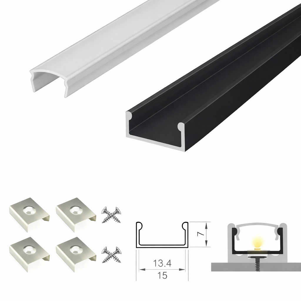 (15mm x 7mm) 2 Metre Surface/Recessed Mounted Anthracite Grey LED Profile P4-1 C/W Clips & Opal Cover