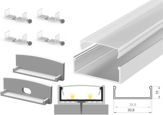 2m x 30.8mm x 10mm Tech-Light Surface Silver LED Profile Kit P13-1 - C/W Clear Cover & End Caps