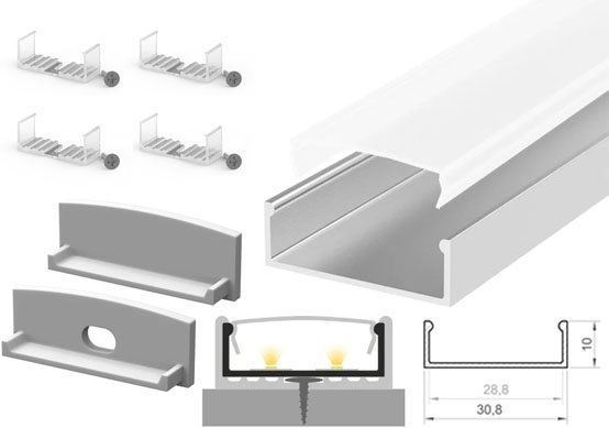 2m x 30.8mm x 10mm Tech-Light Surface Silver LED Profile Kit P13-1 - C/W Opal Cover & End Caps