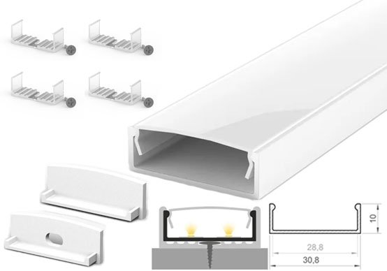 2m x 30.8mm x 10mm Tech-Light Surface White LED Profile Kit P13-1 - C/W Opal Cover & End Caps