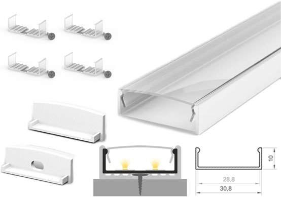 2m x 30.8mm x 10mm Tech-Light Surface White LED Profile Kit P13-1 - C/W Clear Cover & End Caps