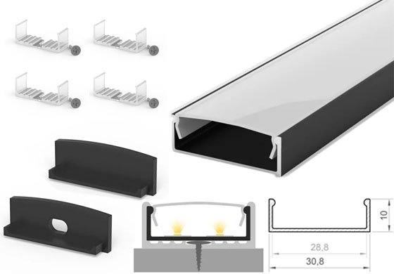 2m x 30.8mm x 10mm Tech-Light Surface Black LED Profile Kit P13-1 - C/W Opal Cover & End Caps