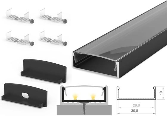 2m x 30.8mm x 10mm Tech-Light Surface Black LED Profile Kit P13-1 - C/W Clear Cover & End Caps