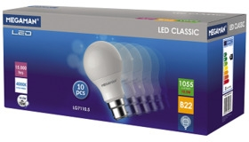 10 Pack Megaman 9.6W Non-Dimmable LED GLS 22mm Ba22d/BC Cool White (840/845) - 105W Equivalent