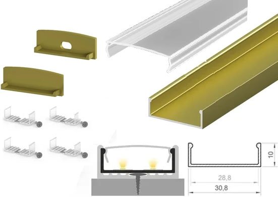 2m x 30.8mm x 10mm Tech-Light Surface Gold/Antique Brass LED Profile Kit P13-1 - C/W Clear Cover & End Caps