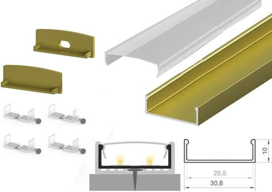 2m x 30.8mm x 10mm Tech-Light Surface Gold/Antique Brass LED Profile Kit P13-1 - C/W Opal Cover & End Caps