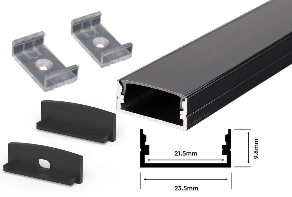 2m x 23.5mm x 10mm V-Tac Surface Black LED Profile Kit 2876 - C/W Black Cover & End Caps