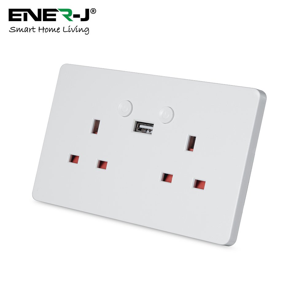 ENER-J Smart Wifi 13A Wifi Twin Wall Sockets With Single Usb. Push Button White, White