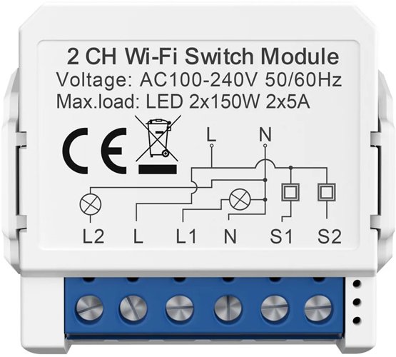 Smart WiFi+BLE 2CH Light Switch Module This is a Product image