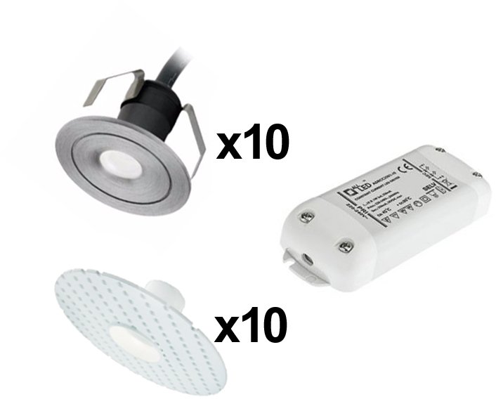 10 Pack Trimless 1W IP44 Miniature Cool White LED Marker Light Kit Aluminium Finish