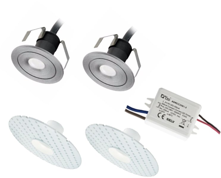 2 Pack Trimless 1 Watt IP44 Miniature Cool White LED Marker Light Kit Aluminium Finish