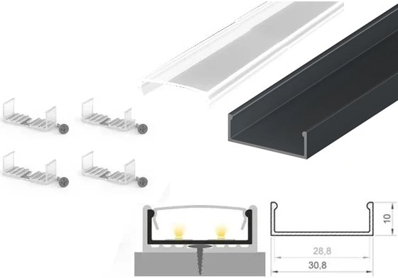 2m x 30.8mm x 10mm Tech-Light Surface Anthracite Grey LED Profile Kit P13-1 - C/W Clear Cover & End Caps