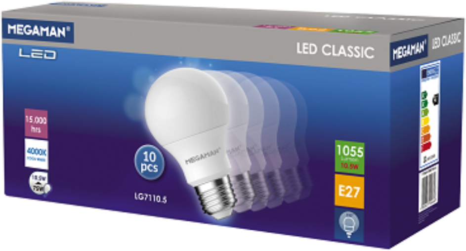 10 Pack Megaman UK 9.6W Non-Dimmable LED GLS 26-27mm ES/E27 Daylight (860/865) - 60W Equivalent