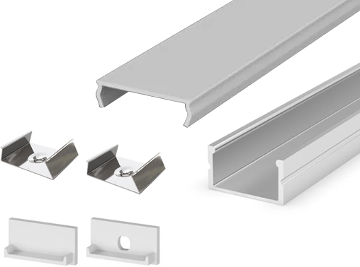 (23mm x 12.5mm) 2 Metre Surface Mounted LED Profile Silver Anodised P13-2 C/W Clips, End Caps & Opal Cover This is a Product image