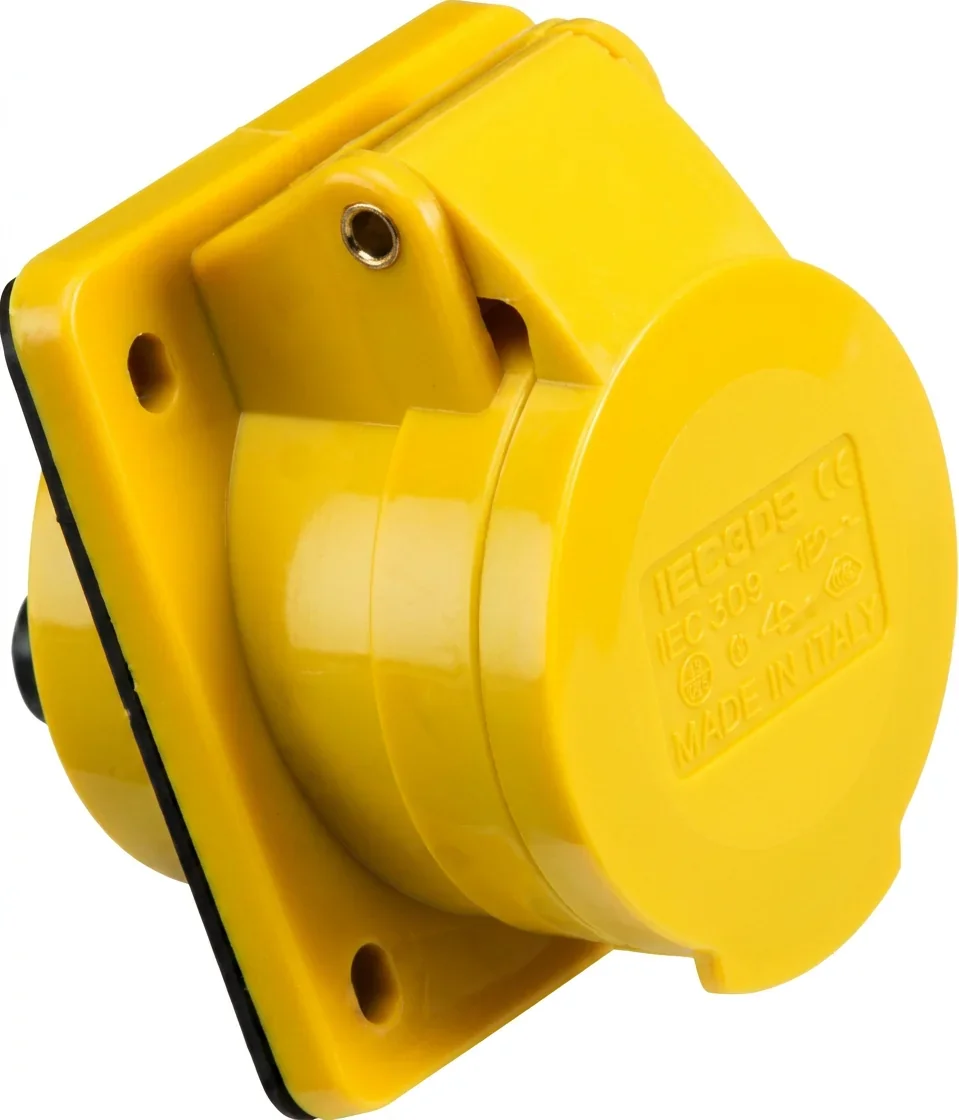Knightsbridge 110V IP44 16A Angled Panel Mount Socket 2P+E Yellow