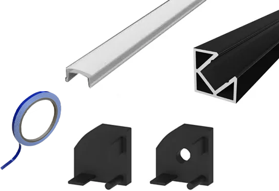 (10mm x 10mm) 2 Metre Corner LED Micro Profile P3-5 Black - End Caps with Opal Cover This is a Product image