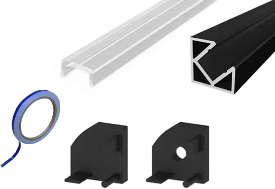 (10mm x 10mm) 2 Metre Corner LED Micro Profile P3-5 Black - End Caps and Clear Cover This is a Product image
