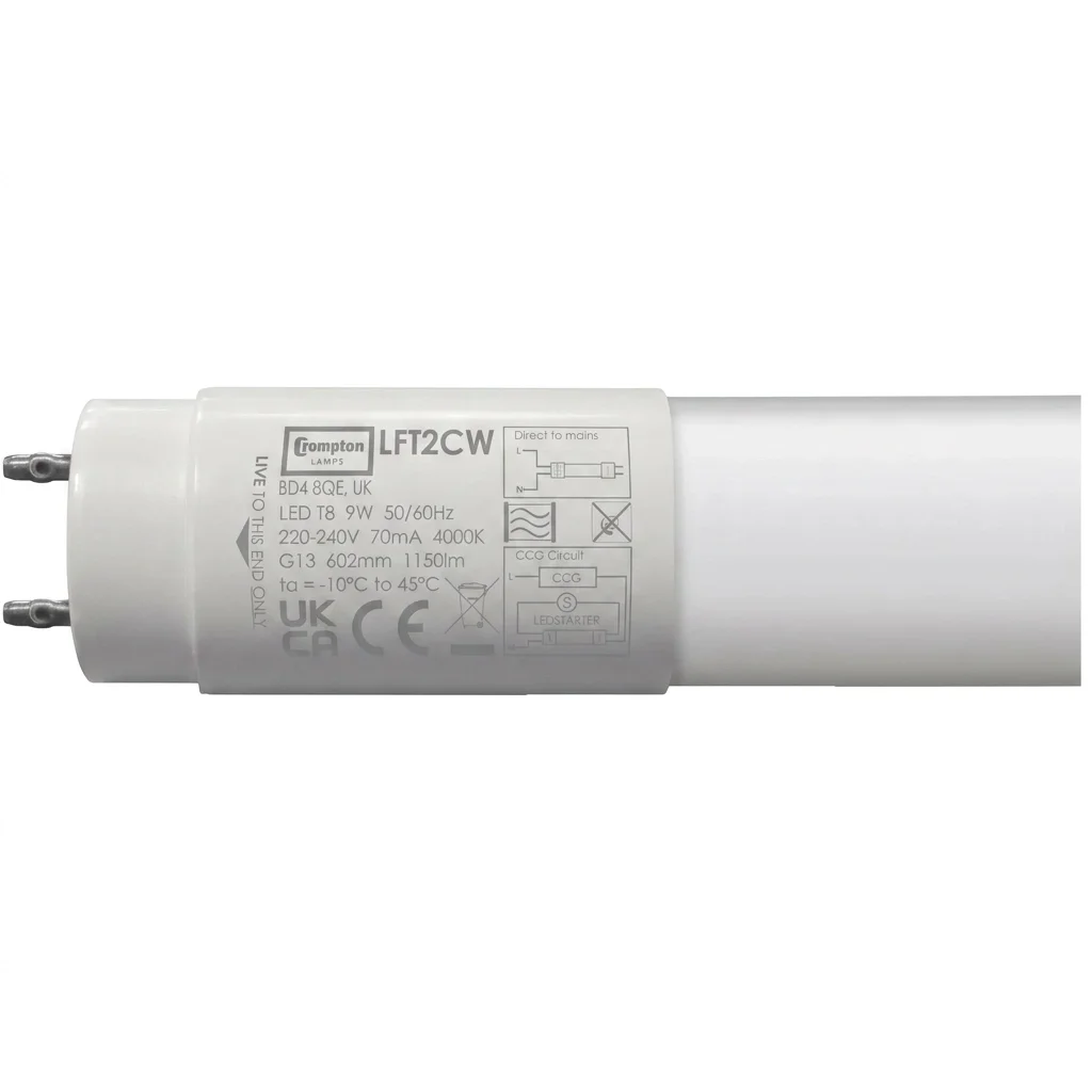 Crompton 600mm 9W LED T8 Tube, Cool White, 2ft, G13 Cap, 810lm