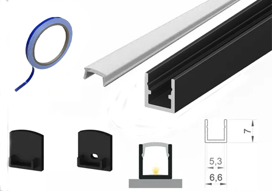 (6.6mm x 7mm) 2 Metre Surface Black LED Micro Profile P4-4 C/W Tape, End Caps & Opal Cover This is a Product image