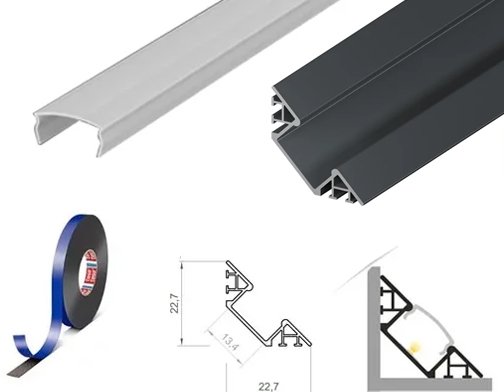 (22.7mm x 22.7mm) 2 Metre Corner Mounted Anthracite Grey LED Profile P7-1 C/W Clips & Opal Cover