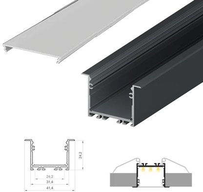 (41.4mm x 24.2mm) 2 Metre Recessed Anthracite Grey LED Profile P22-1 C/W Clips & Opal Cover