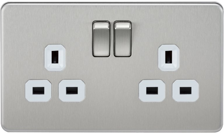 Knightsbridge Screwless 13A 2 Gang Switched Socket Brushed Chrome White Insert