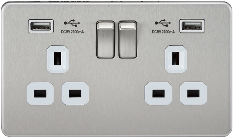 Knightsbridge Screwless 13A 2 Gang Brushed Chrome Switched Socket with Dual USB