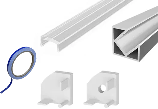 (10mm x 10mm) 2 Metre Corner LED Micro Profile P3-5 Silver - End Caps and Clear Cover This is a Product image