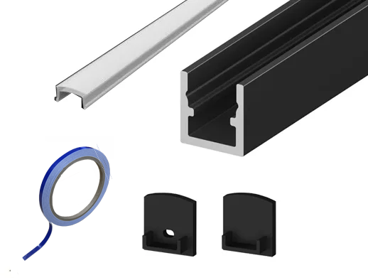 (7mm x 6.6mm) 2 Metre Surface LED Micro Profile P4-4 in Black - Tape, End Caps and Opal Cover This is a Product image