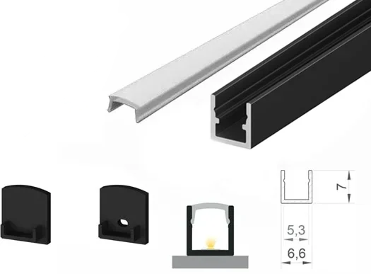 (6.6mm x 7mm) 1 Metre Surface Black LED Micro Profile P4-4 C/W Tape, End Caps & Opal Cover This is a Product image