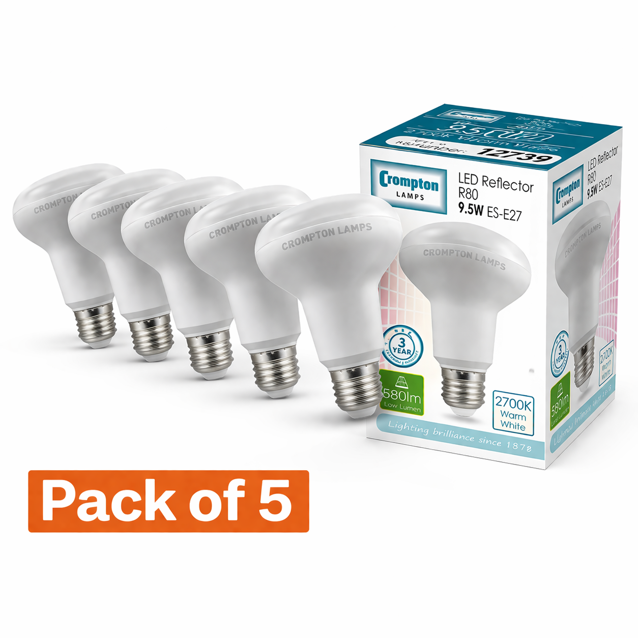 5 Pack Crompton LED R80 9.5W ES Very Warm White (75W Alternative)
