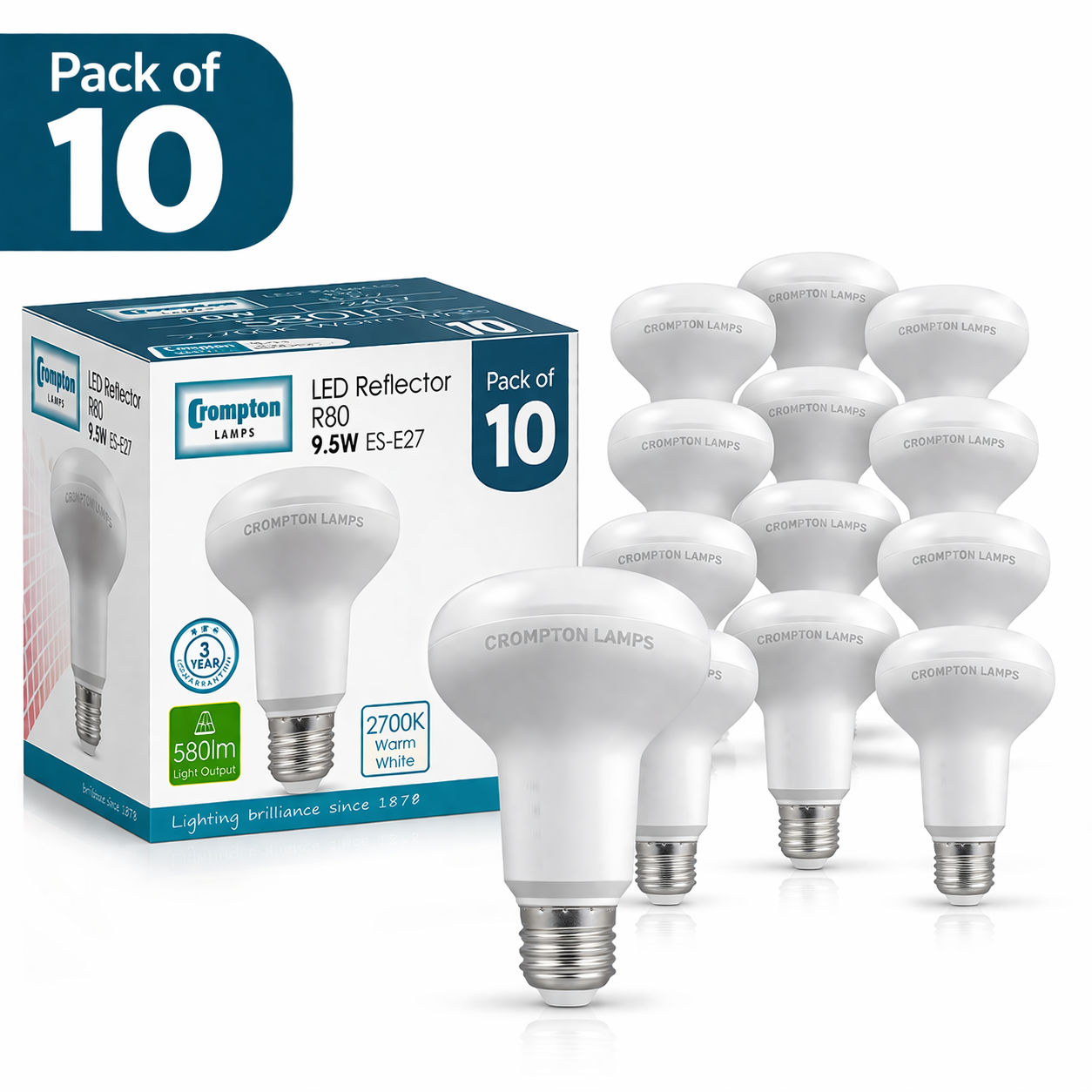 10 Pack Crompton LED R80 9.5W ES Very Warm White (75W Alternative)
