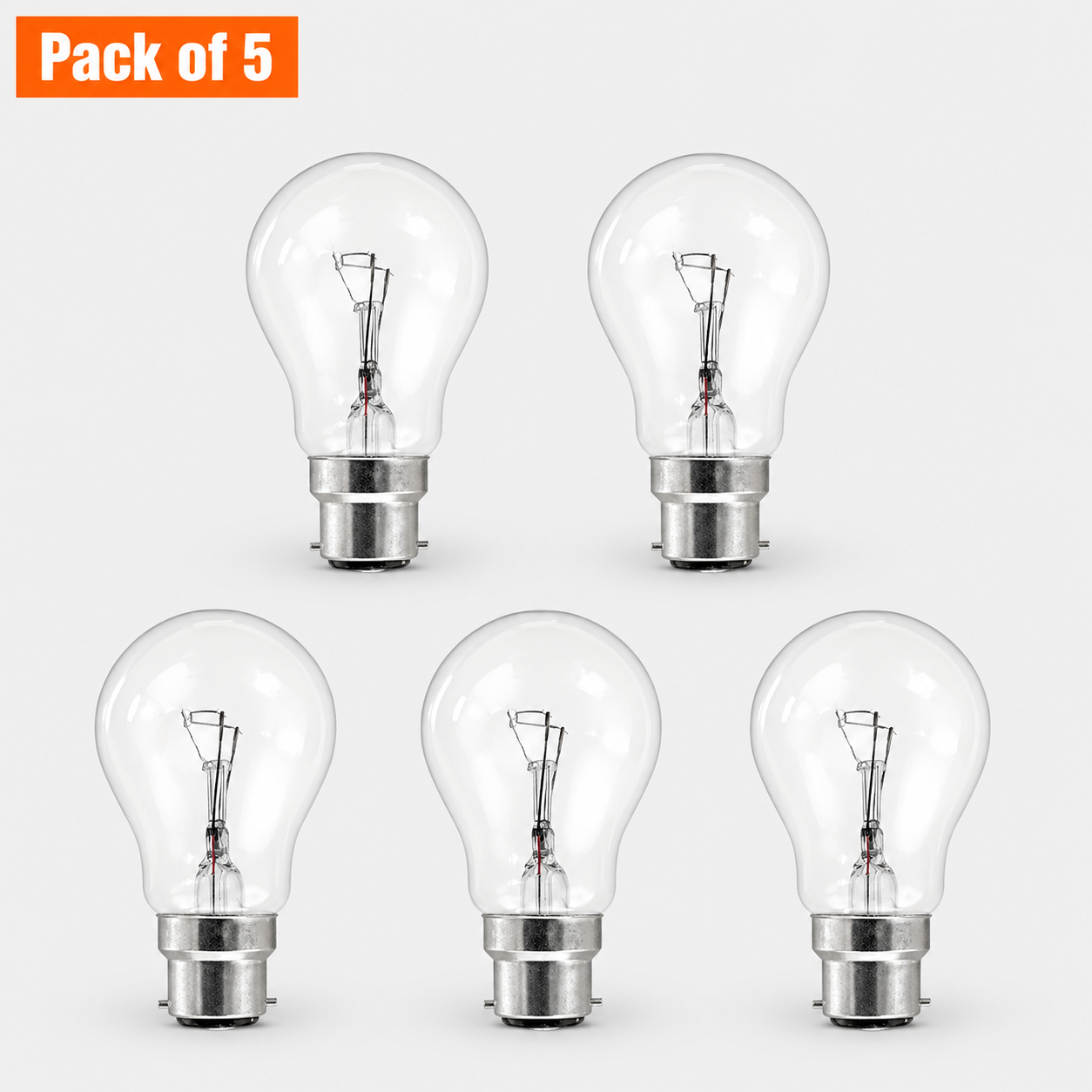 5 Pack 60W Incandescent GLS 22mm Ba22d/BC Clear