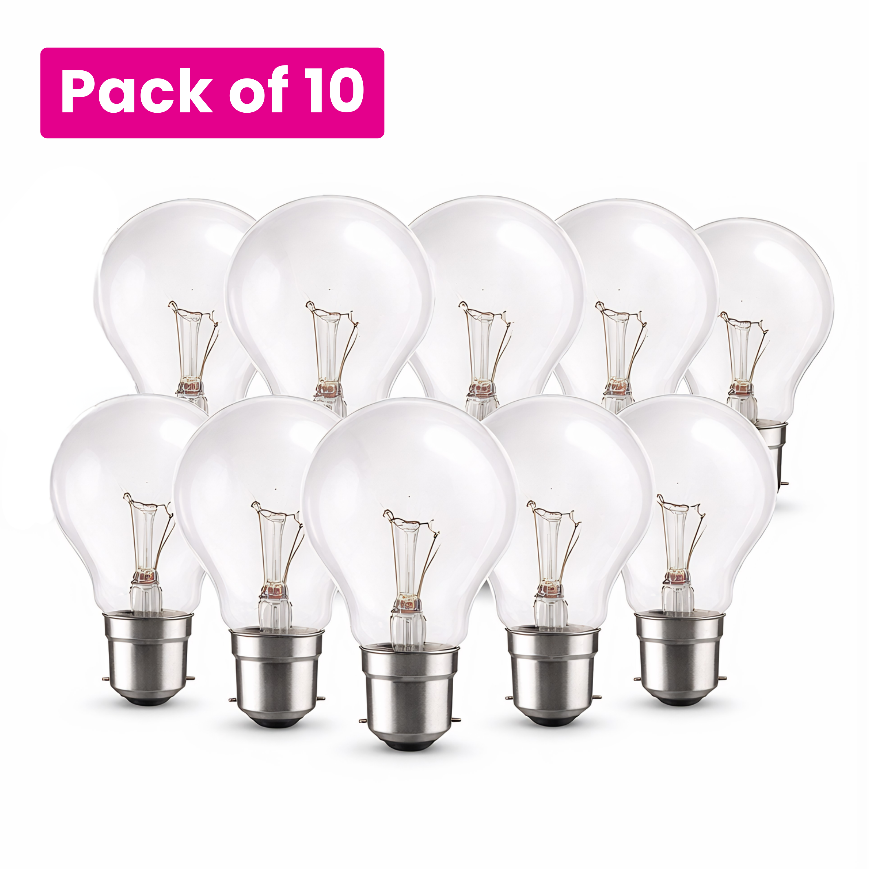 10 Pack 60W Incandescent GLS 22mm Ba22d/BC Clear