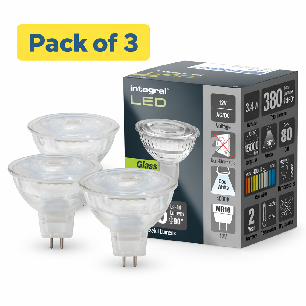 3 Pack IntegralMR16 3.4W LED Bulbs - Cool White (35W Halogen Alternative) - GU5.3