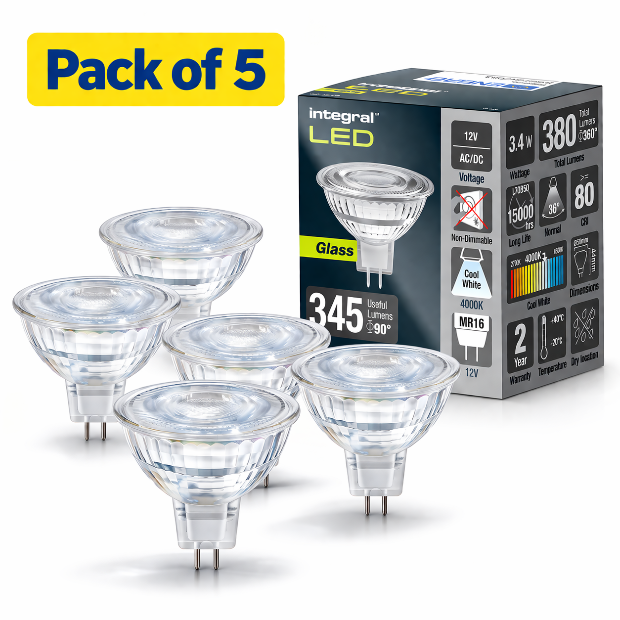 5 Pack Integral Glass MR16 LED Bulbs, 3.4W Cool White (35W Halogen Alternative)