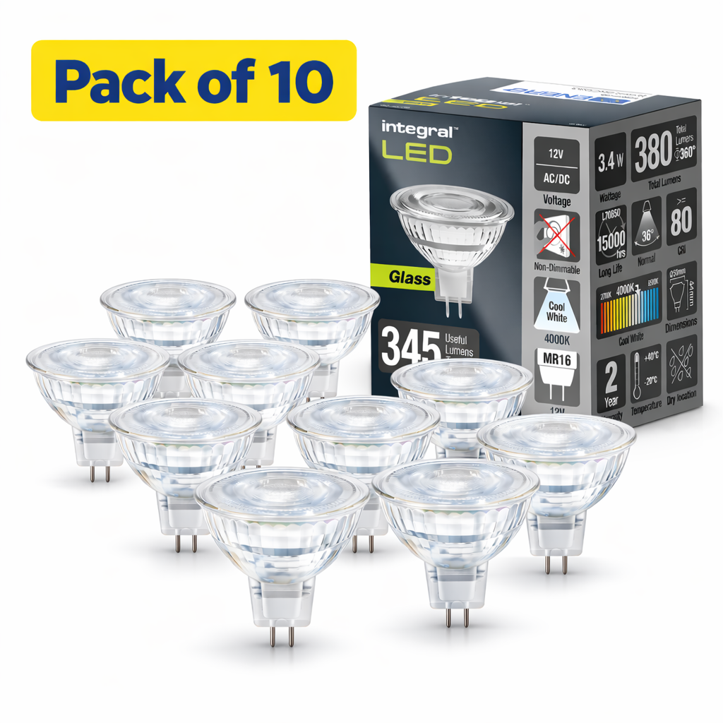 10 Pack Integral Glass MR16 LED Bulb, 3.4W, Cool White (35W Halogen Equivalent)