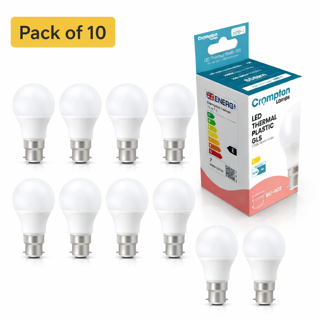 10 Pack Crompton 7W LED GLS Bulb, Bayonet Cap, Very Warm White (60W Equivalent)