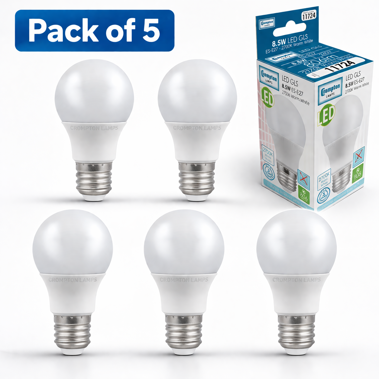 5 Pack Crompton 8.5W GLS LED Bulb (60W Equivalent), Very Warm White, Edison Screw