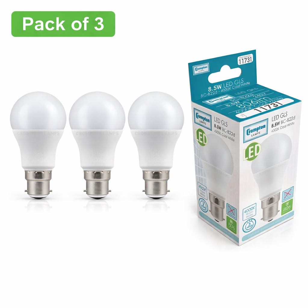 3 Pack Crompton 7W LED GLS BC 4000K Cool White (60W Equivalent)