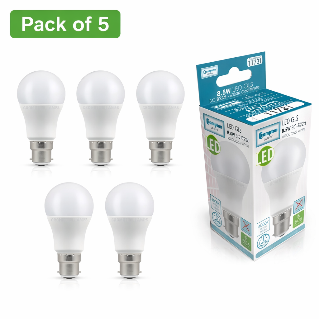 5 Pack Crompton 7W LED GLS BC Cool White (60W Equivalent) - 800lm