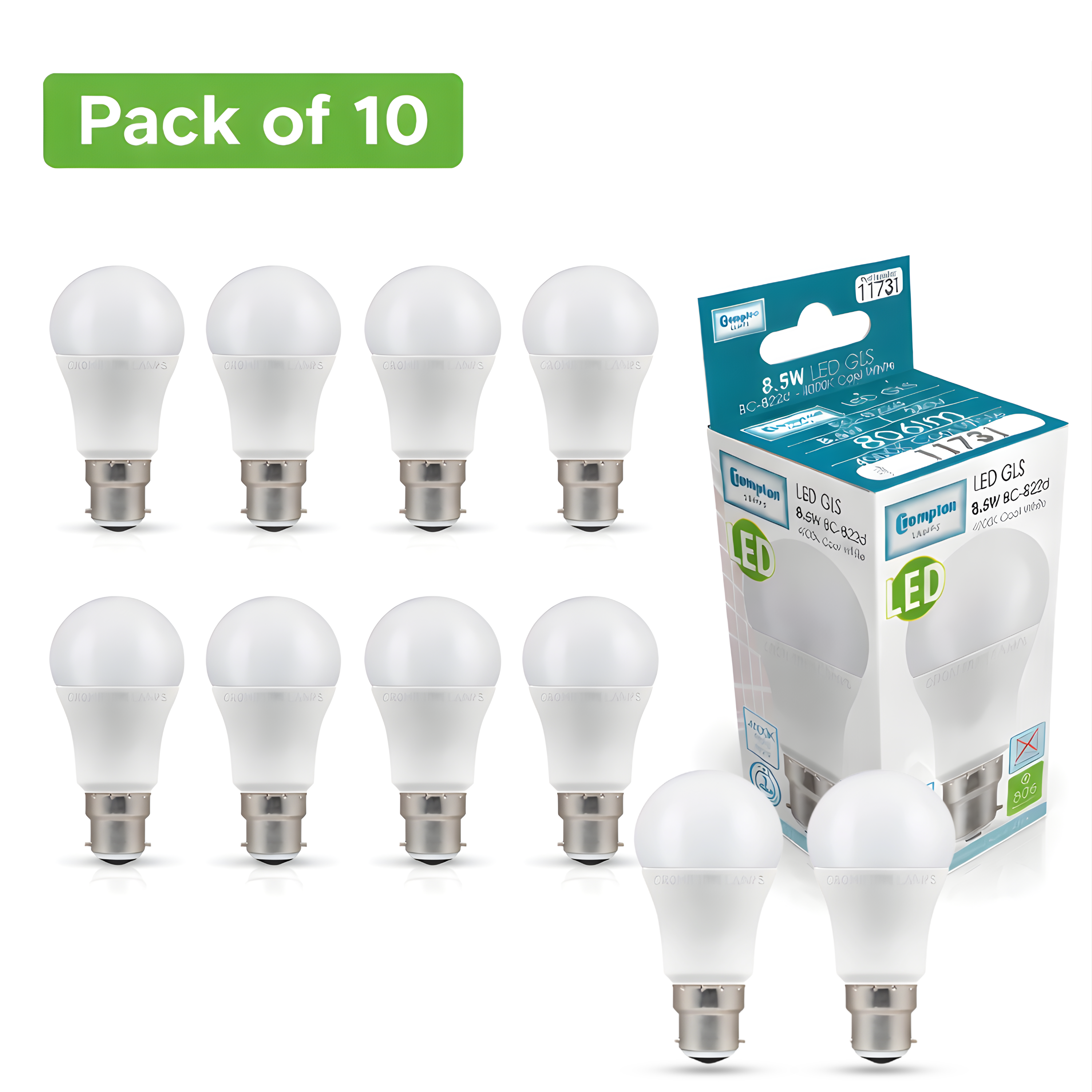 10 Pack Crompton 7W LED GLS BC Cool White (60W Incandescent Equivalent)